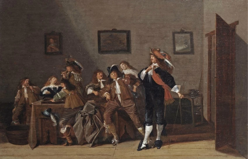 Un interno con un'elegante compagnia che fa festa